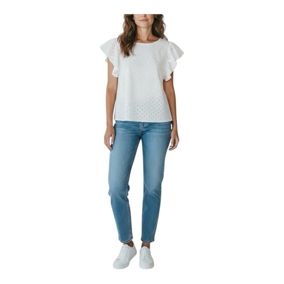 Inclan Studio White Eyelet Short Flutter Sleeve Top Large 100% Cotton Round Neck - Picture 1 of 7